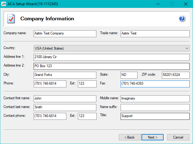 Aatrix ACA Preparer Setup - Company Information must be present in order to continue through the process.  If this screen does not automatically populate with the company information, you are able to manually type in this information.