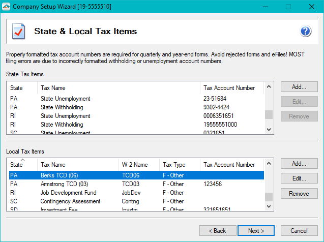State & Local Tax Items screen in the Company Setup