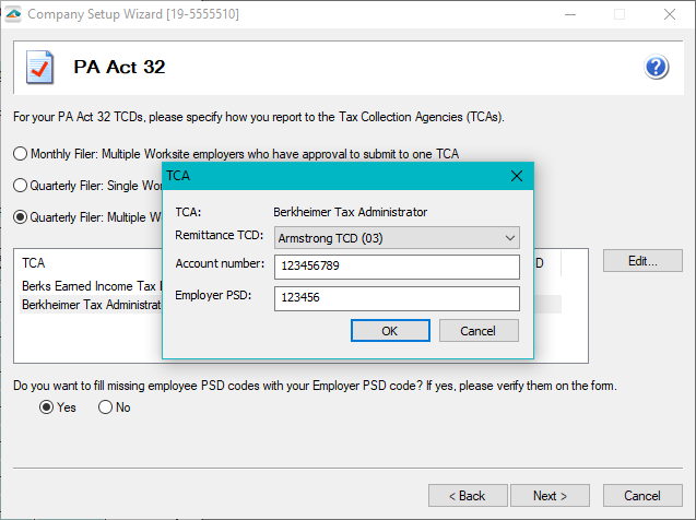 PA Act 32 Company Setup Screen used to determine TCAs